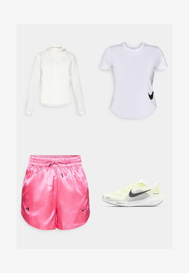 Weiße Nike-Jacke mit Kapuze, durchgehendem Reißverschluss, elastischen Bündchen und einem dezenten Logo auf der Brust. Glatte Textur und leichtes Design.; Weißes, kurzärmliges Sportshirt aus glattem Stoff, mit einem schwarzen Nike-Logo auf der linken Seite und einem abgerundeten Saum am unteren Ende.; Rosa Satin-Shorts mit elastischem Bund und Kordelzug. Mit schwarzem Nike-Logo auf der linken Seite. Glatte Textur und lässiges Design.; Nike Laufschuhe mit einem hellgelben und weißen Mesh-Obermaterial, grauen Akzenten und einer flexiblen Gummisohle. Verfügt über einen Schnürverschluss.