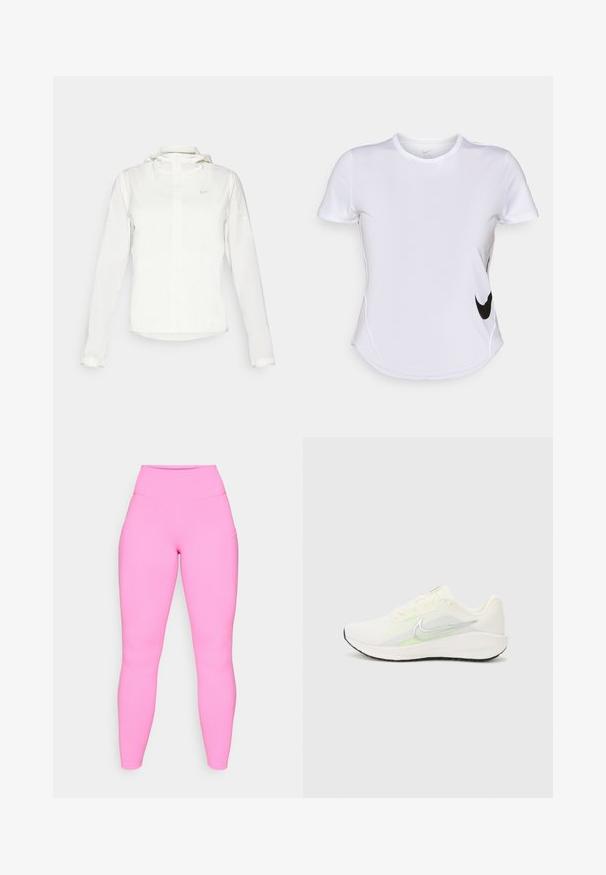 Witte Nike-jack met een capuchon, volledige rits, elastische manchetten en een subtiele logo op de borst. Gladde textuur en lichtgewicht ontwerp.; Witte sportshirt met korte mouwen van gladde stof, met een zwart Nike-logo aan de linkerkant en een gebogen zoom onderaan.; Roze leggings met een hoge taille, gemaakt van rekbaar materiaal. Beschikt over zijzakken en een gladde textuur, die tot aan de enkel reikt.; Nike Performance DOWNSHIFTER 13 - Hardloopschoenen voor op de weg - sail/silver-coloured photon dust/summit white/barely volt/black