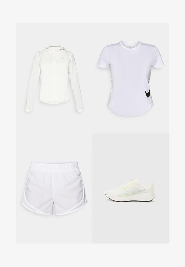 Chaqueta blanca de Nike con capucha, cremallera completa, puños elásticos y un logo sutil en el pecho. Textura suave y diseño ligero.; Camiseta deportiva de manga corta blanca hecha de una tela suave, con un logo negro de Nike en el lado izquierdo y un dobladillo curvado en la parte inferior.; Pantalones cortos deportivos blancos hechos de tela ligera y transpirable. Cuentan con una cintura elástica y paneles de malla en los lados, con un pequeño acento en azul del logo.; Nike Performance DOWNSHIFTER 13 - Zapatillas running asfalto - sail/silver-coloured photon dust/summit white/barely volt/black