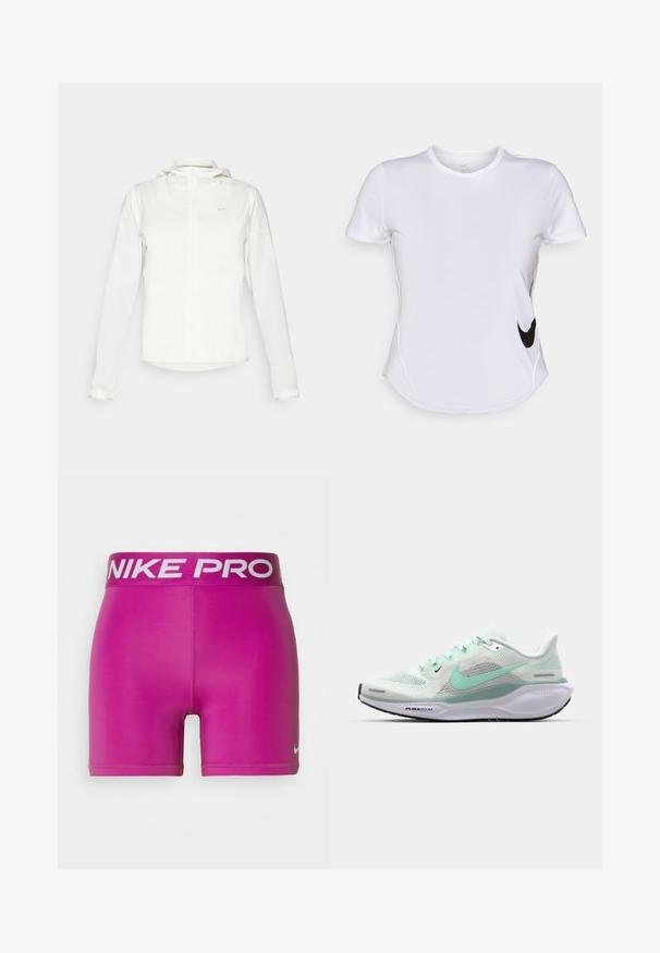 Chaqueta blanca de Nike con capucha, cremallera completa, puños elásticos y un logo sutil en el pecho. Textura suave y diseño ligero.; Camiseta deportiva de manga corta blanca hecha de una tela suave, con un logo negro de Nike en el lado izquierdo y un dobladillo curvado en la parte inferior.; Nike Performance SHORT - Leggings - hot fuchsia; Zapatilla de correr ligera con una parte superior de malla transpirable en blanco y verde menta. Cuenta con acentos de TPU, una suela acolchada y una suela exterior texturizada.