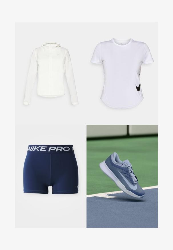 Witte Nike-jack met een capuchon, volledige rits, elastische manchetten en een subtiele logo op de borst. Gladde textuur en lichtgewicht ontwerp.; Witte sportshirt met korte mouwen van gladde stof, met een zwart Nike-logo aan de linkerkant en een gebogen zoom onderaan.; Marineblauwe sportshorts met een brede elastische tailleband met daarop 'NIKE PRO' in het wit. Soepele textuur met platte naden en een contrasterend logo.; Sport sneaker in lichtblauw en marineblauw, met een gestructureerde bovenkant, platte veters en een lichte witte zool. Verhoogd boven een speelveld.
