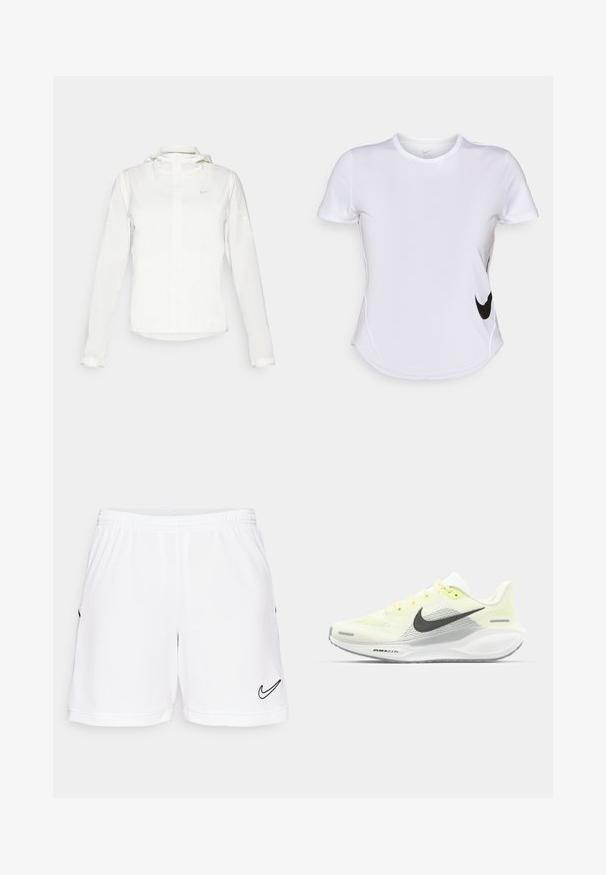 Vit Nike-jacka med huva, hel dragkedja, elastiska ärmslutar och en diskret logotyp på bröstet. Slät textur och lätt design.; Vit kortärmad träningsskjorta i slät tyg, med en svart Nike-logotyp på vänster sida och en rundad nederkant.; Vita atletiska shorts med resårmidja, med en svart Nike swoosh-logotyp på nedre vänstra sida och subtila texturerade detaljer.; Nike löparskor med ett ljusgult och vitt nätövre, grå detaljer och en flexibel gummisul. Har en snörning för stängning.