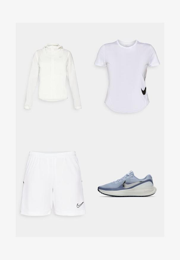 Balta Nike jaka ar kapuci, pilna rāvējslēdzēja, elastīgām piedurknēm un diskrētu logotipu uz krūšu daļas. Gluda tekstūra un viegla konstrukcija.; Balta īso piedurkņu sporta krekls, kas izgatavots no gludas auduma, ar melnu Nike logo kreisajā pusē un izliekta apakšmalu.; Baltas sporta šorts ar elastīgu jostasvietu, ar melnu Nike swoosh logotipu apakšējā kreisajā pusē un smalku teksturētu apdari.; Gaiši zila un balta Nike skrienošā apavi ar sudraba Swoosh logotipu, elpojošs sietiņaudums augšdaļā, mīksta zole un melna ārējā zole.