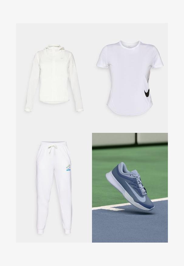 Bela Nike jakna s kapuco, polno zadrgo, elastičnimi manšetami in diskretnim logotipom na prsih. Gladka tekstura in lahko oblikovanje.; Bela kratka športna majica iz gladkega materiala, ki ima črni Nike logo na levi strani in ukrivljen rob na dnu.; Bele hlače s elastiko in nastavljivim vrvico v pasu. Na levem stegnu se nahaja modra in večbarvna Lotto blagovna znamka.; Športni copat v svetlo modri in mornarski barvi, z teksturirano zgornjim delom, ravnimi vezalkami in lahko belo podplatom. Dvigovan nad igrališčem.