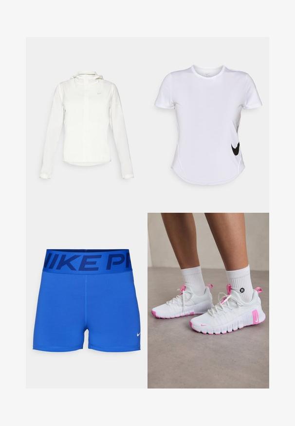 White Nike jacket with a hood, full zip, elastic cuffs, and a subtle logo on the chest. Smooth texture and lightweight design.; White short-sleeve athletic shirt made of smooth fabric, featuring a black Nike logo on the left side and a curved hem at the bottom.; Blue athletic shorts made of smooth, stretchy fabric. Features a wide waistband with "NIKE PRO" in dark blue and a small Nike logo in white.; White athletic shoes with pink accents, streamlined design, textured mesh upper, and a flexible rubber sole. Features logo and pull tab.