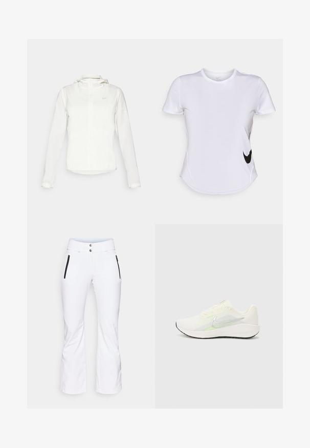 Vit Nike-jacka med huva, hel dragkedja, elastiska ärmslutar och en diskret logotyp på bröstet. Slät textur och lätt design.; Vit kortärmad träningsskjorta i slät tyg, med en svart Nike-logotyp på vänster sida och en rundad nederkant.; Vita skidbyxor med tapered ben, två svarta dragkedjefickor på sidorna och två metallknappar i midjan. Slät, vattenavvisande material.; Nike Performance DOWNSHIFTER 13 - Väglöparskor - sail/silver-coloured photon dust/summit white/barely volt/black