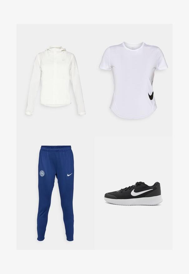 Bílá bunda Nike s kapucí, plným zipem, elastickými manžetami a decentním logem na hrudi. Hladká textura a lehký design.; Bílý sportovní tričko s krátkým rukávem z hladkého materiálu, se černým logem Nike na levé straně a zakřiveným lemem na spodní části.; Tmavě modré sportovní kalhoty vyrobené z hladkého materiálu. Na levém stehně se nachází bílé logo Nike a kulatý týmový emblém. Elastický pás.; Černé sportovní boty s vrchní částí z síťoviny, bílým logem Swoosh, polstrovaným límcem a texturovanou bílou mezipodešví. Vyznačují se lehkým designem a šněrováním.