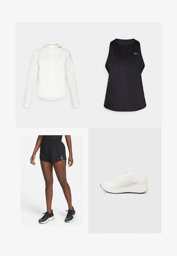 Bijela Nike jakna s kapuljačom, punim zatvaračem, elastičnim manžetama i suptilnim logotipom na prsima. Glatka textura i lagan dizajn.; Crni bezrukavni trkački majica od laganog materijala s okruglim izrezom; ima suptilan logotip i bočne proreze za prozračnost.; Crne sportske kratke hlače s nabraniim pojasom i bočnim prorezima, izrađene od laganog materijala, uparene s crnim tenisicama za trčanje s bijelim svuškom.; Nike Performance DOWNSHIFTER 13 - Tenisice za cestovno trčanje - sail/silver-coloured photon dust/summit white/barely volt/black