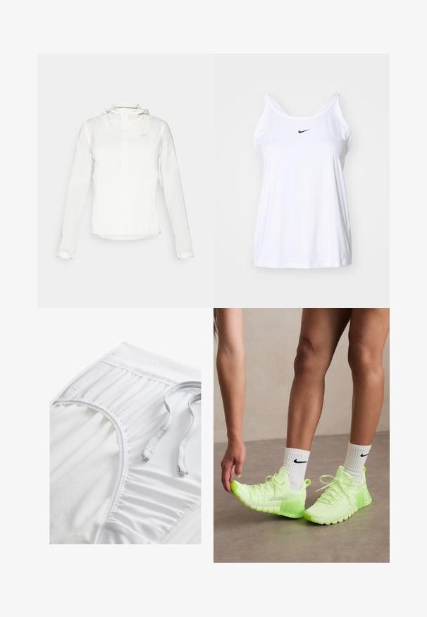 Giacca Nike bianca con cappuccio, zip completa, polsini elasticizzati e un logo discreto sul petto. Texture liscia e design leggero.; Canottiera atletica bianca senza maniche realizzata in tessuto leggero. Presenta un collo rotondo e un piccolo logo Nike nero sulla parte anteriore.; Pantaloni sportivi bianchi con una vita testurizzata, dettagli arricciati sui lati e un cordino piatto. Tessuto morbido con finitura liscia.; Scarpe da ginnastica verde neon con suola testurizzata, design con lacci e logo Nike bianco sul lato. Indossate con calze bianche con dettagli neri.