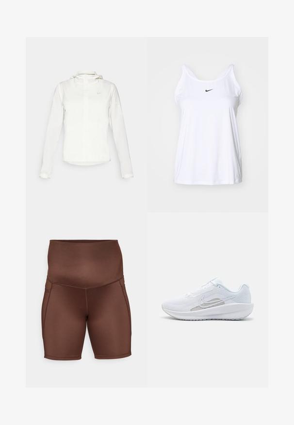 Bílá bunda Nike s kapucí, plným zipem, elastickými manžetami a decentním logem na hrudi. Hladká textura a lehký design.; Bílý bezrukávový sportovní top vyrobený z lehké tkaniny. Má zaoblený výstřih a malou černou ozdobu Nike na přední straně.; Hnědé sportovní šortky s vysokým pasem, hladkou texturou a plochými švy. Design obsahuje přiléhavý střih a délku ke kolenům.; Bílé sportovní boty s síťovaným vrškem, zaoblenou špičkou a texturovanou podrážkou. Mají stříbrný logo Nike a minimalistický design.