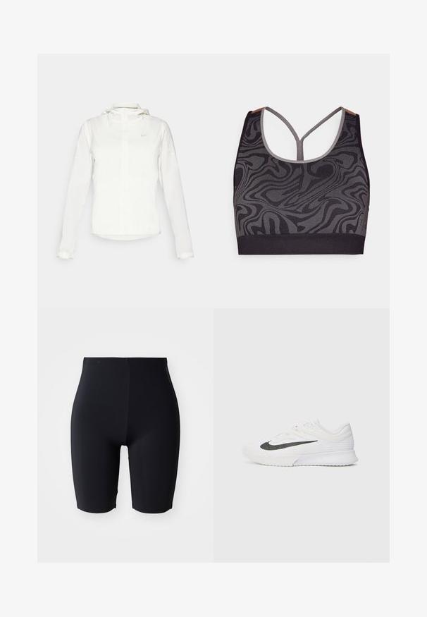 Veste blanche Nike avec capuche, fermeture éclair intégrale, poignets élastiques et un logo discret sur la poitrine. Texture lisse et design léger.; Soutien-gorge de sport noir avec un motif gris en spirale, présentant un décolleté plongeant et un design dos nageur. Fabriqué en tissu tricoté texturé.; Shorts noir ajustés en matériau lisse et extensible. Ils présentent une taille haute et un design épuré, minimaliste, sans fermetures visibles.; Basket blanc avec tige en maille texturée, bande logo noire, col rembourré et semelle en caoutchouc avec motif de traction.