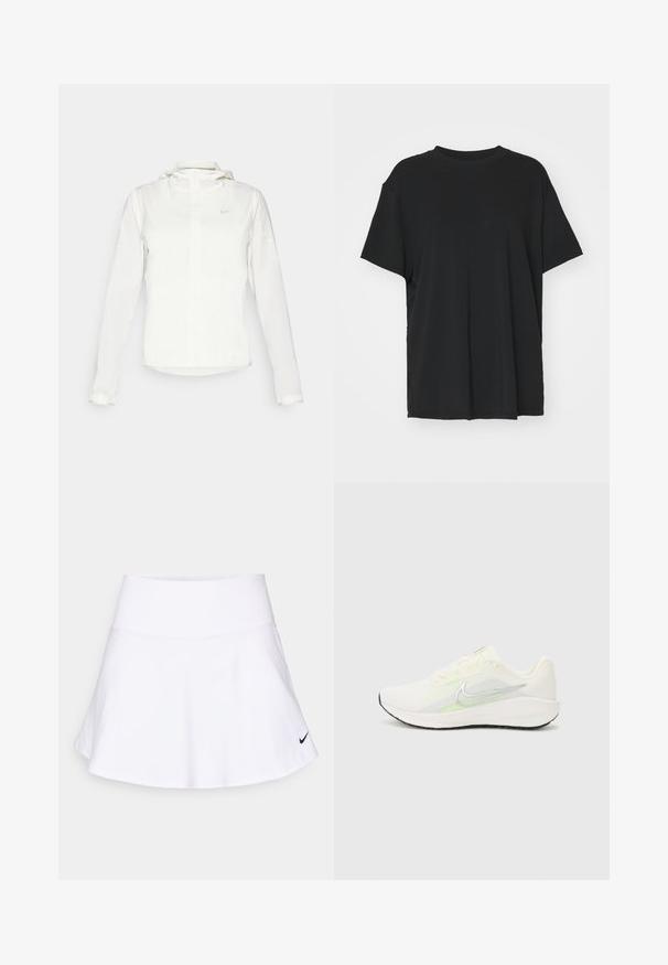 White Nike jacket with a hood, full zip, elastic cuffs, and a subtle logo on the chest. Smooth texture and lightweight design.; Black short-sleeve t-shirt made of smooth fabric, with a crew neck and loose fit. Features side slits for added comfort and breathability.; White athletic skirt made of lightweight fabric, featuring a flared design and a black Nike logo on the bottom right. Smooth texture.; Nike Performance DOWNSHIFTER 13 - Road running shoes - sail/silver-coloured photon dust/summit white/barely volt/black