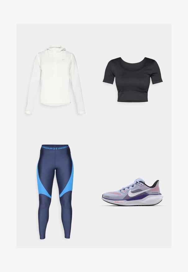 Chaqueta blanca de Nike con capucha, cremallera completa, puños elásticos y un logo sutil en el pecho. Textura suave y diseño ligero.; Top corto negro de canalé con mangas cortas, cuello redondo amplio y una banda ajustada en la parte inferior. Textura suave, diseño informal.; Leggings navy con detalles en azul claro, fabricados con una tela suave y elástica. Presentan una cinturilla ancha con el logo de la marca en azul.; Zapatilla de running Nike de color azul claro con parte superior de malla, acentos morados, talón negro y suela blanca que presenta la marca "AIR 200" en rojo.