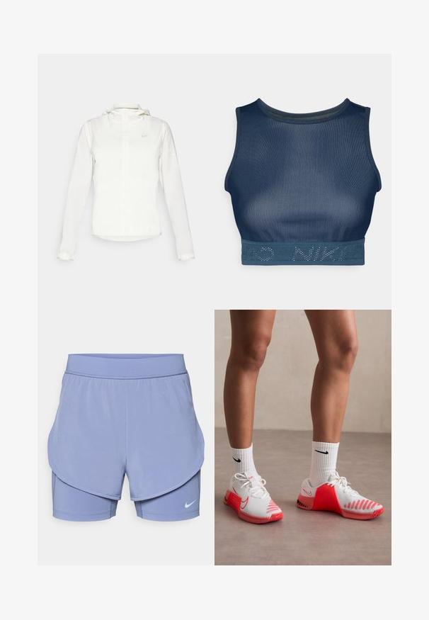 Chaqueta blanca de Nike con capucha, cremallera completa, puños elásticos y un logo sutil en el pecho. Textura suave y diseño ligero.; Nike Performance PRO TANK - Top - armory navy/white; Shorts de Nike en púrpura claro, con un diseño en capas que incluye un forro interior ajustado y un exterior de corte holgado. Cintura elástica para mayor comodidad.; Zapatillas deportivas blancas con acentos rojos, con un upper de malla texturizada, suela de goma y calcetines blancos con ribetes y un logo negro.