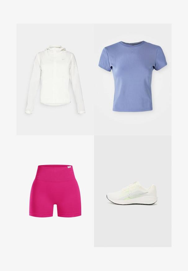 Weiße Nike-Jacke mit Kapuze, durchgehendem Reißverschluss, elastischen Bündchen und einem dezenten Logo auf der Brust. Glatte Textur und leichtes Design.; Hellblaues, tailliertes T-Shirt aus geripptem Stoff, mit Rundhalsausschnitt und kurzen Ärmeln. Beinhaltet ein kleines Logo-Detail auf der Brust.; Rosa hochgeschnittene Shorts aus dehnbarem Stoff, mit einer glatten Textur und einer figurbetonten Passform. Keine sichtbaren Logos oder Muster.; Nike Performance DOWNSHIFTER 13 - Laufschuh Straße - sail/silver-coloured photon dust/summit white/barely volt/black