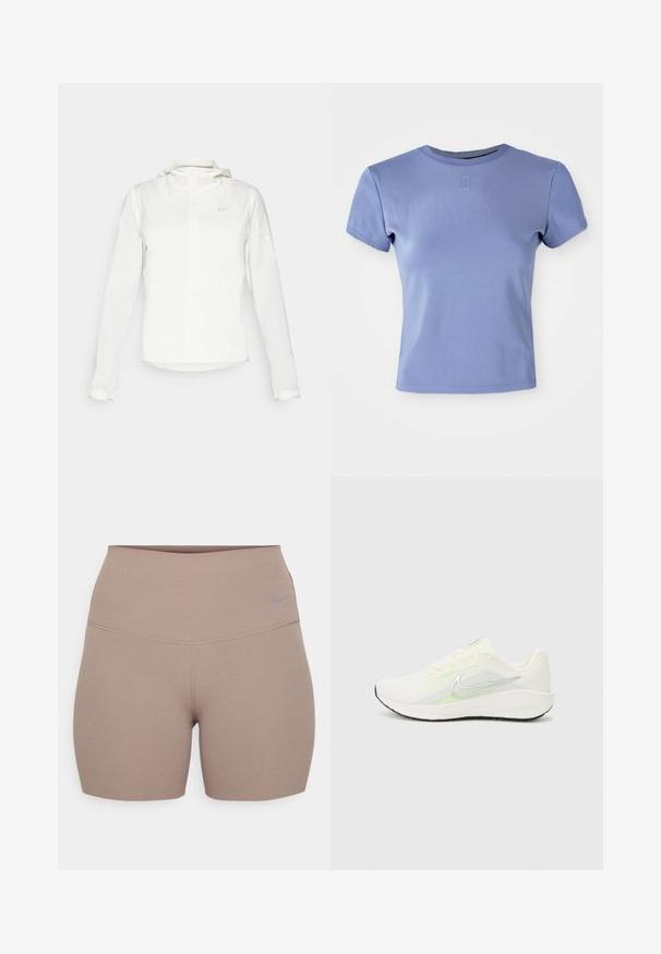 Bela Nike jakna s kapuco, polno zadrgo, elastičnimi manšetami in diskretnim logotipom na prsih. Gladka tekstura in lahko oblikovanje.; Svetlo purpurna prilegajoča majica s kratkimi rokavi, izdelana iz rebrastega materiala, z okroglo obrobo in kratkimi rokavi. Vključuje majhen logotip na prsih.; Nike kratke hlače z visokim pasom v svetlo rjavi barvi, izdelane iz gladkega, elastičnega materiala; vsebujejo subtilen logotip in čiste šive.; Nike Performance DOWNSHIFTER 13 - Tekaški copati za cesto - sail/silver-coloured photon dust/summit white/barely volt/black
