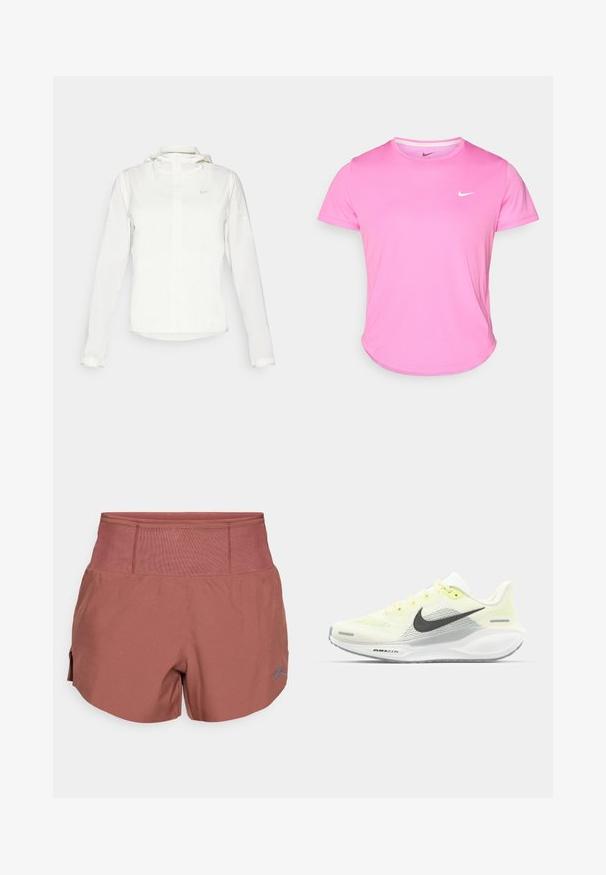 Veste blanche Nike avec capuche, fermeture éclair intégrale, poignets élastiques et un logo discret sur la poitrine. Texture lisse et design léger.; T-shirt Nike rose avec un col rond, des manches courtes et un logo blanc sur la poitrine gauche, fabriqué en tissu lisse et léger.; Shorts de couleur terre cuite avec une large ceinture côtelée. Fabriqués en tissu doux et léger, avec des fentes latérales pour plus de mobilité. Accent logo bleu.; Baskets de course Nike avec une tige en mesh jaune clair et blanche, des accents gris et une semelle en caoutchouc flexible. Présentent un système de laçage.