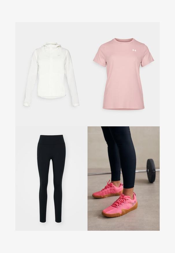 Hvit Nike-jakke med hette, hel glidelås, elastiske mansjetter og en diskret logo på brystet. Glatt tekstur og lett design.; Under Armour T-skjorte til trening - tourmaline pink/white; Svart leggings laget av elastisk materiale med høy midje. Glatt tekstur, tettsittende design og ingen synlige detaljer eller mønstre.; Rosa sportssko med en strukturert mesh-overdel, forsterket tå og gummisåle, sammen med svarte tettsittende leggings.