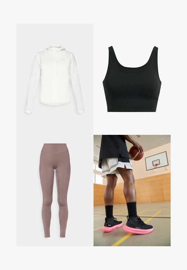 Witte Nike-jack met een capuchon, volledige rits, elastische manchetten en een subtiele logo op de borst. Gladde textuur en lichtgewicht ontwerp.; Zwarte sportbh van gladde stof, met een ronde hals, brede bandjes en een naadloos ontwerp met een gebogen zoom.; Leggings met een hoge taille in een zachte mauve kleur, gemaakt van rekbare stof met vlakke naden en zijzakken. Gladde textuur en aansluitend ontwerp.; Zwarte sportieve schoenen met een gestructureerde bovenkant en een felroze middenzool; gedragen met zwarte enkelsokken en witte shorts in een sportschoolomgeving.