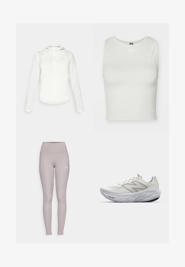Bela Nike jakna s kapuco, polno zadrgo, elastičnimi manšetami in diskretnim logotipom na prsih. Gladka tekstura in lahko oblikovanje.; Bela skrajšana atletska majica iz gladkega, elastičnega materiala z okroglo izrezom in brez rokavov; na sprednji strani se nahaja majhna oznaka.; Under Armour MOTION LEGGING - Pajkice - tetra gray/white; Bele atletske čevlje z mrežastim zgornjim delom, ki imajo oblazinjen ovratnik, teksturiran podplat in logo "Fresh Foam" na srednjem podplatu.