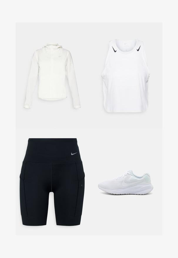 Bela Nike jakna s kapuco, polno zadrgo, elastičnimi manšetami in diskretnim logotipom na prsih. Gladka tekstura in lahko oblikovanje.; Bela brezrokavnik iz lahkega materiala, s črnimi Nike logotipnimi poudarki na ramenih, okroglo ovratnico in sproščenim krojem.; Črne visoke športne kratke hlače iz raztegljivega materiala; imajo stranske žepe in majhen Nike logotip na pasu.; Bele športne čevlje z mrežastim zgornjim delom, teksturiranim dizajnom, okroglo konico, oblazinjenim ovratnikom in svetlo modrimi poudarki na peti. Gumijast podplat.