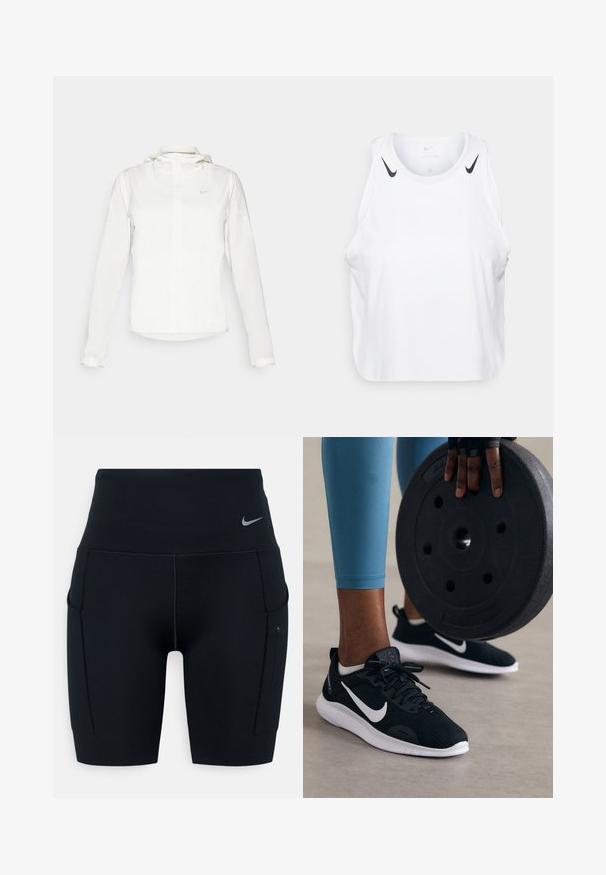 Balta Nike striukė su gobtuvu, pilnu užtrauktuku, elastingomis rankovėmis ir subtiliu logotipu ant krūtinės. Sklandi tekstūra ir lengvas dizainas.; Baltas be rankovių marškinėliai, pagaminti iš lengvos medžiagos, su juodais Nike logotipo akcentais ant pečių, apvaliu iškirpimu ir laisvu siluetu.; Juodos aukšto liemens sportinės šortai, pagaminti iš elastingos medžiagos; turi šonines kišenes ir mažą Nike logotipą ant juosmens.; Juodi sportiniai batai su tinklinėmis viršutinėmis dalimis, baltais akcentais ir storu baltu padu. Pirmame plane laikomas juodas svorio diskas.