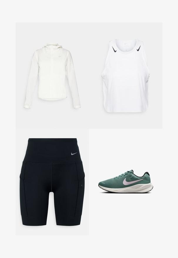 Balta Nike striukė su gobtuvu, pilnu užtrauktuku, elastingomis rankovėmis ir subtiliu logotipu ant krūtinės. Sklandi tekstūra ir lengvas dizainas.; Baltas be rankovių marškinėliai, pagaminti iš lengvos medžiagos, su juodais Nike logotipo akcentais ant pečių, apvaliu iškirpimu ir laisvu siluetu.; Juodos aukšto liemens sportinės šortai, pagaminti iš elastingos medžiagos; turi šonines kišenes ir mažą Nike logotipą ant juosmens.; Žalios tinklinės bėgimo bateliai su balta ir juoda padu. Yra šviesiai violetinė Nike logotipas ir tekstūruota viršutinė dalis, skirta kvėpuojamumui.