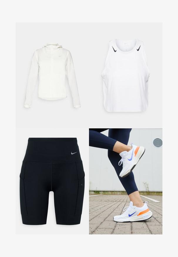 Veste blanche Nike avec capuche, fermeture éclair intégrale, poignets élastiques et un logo discret sur la poitrine. Texture lisse et design léger.; Débardeur blanc sans manches en tissu léger, avec des accents du logo Nike noir sur les épaules, un col rond et une coupe décontractée.; Shorts de sport noirs taille haute en matériau extensible ; dotés de poches latérales et d'un petit logo Nike sur la ceinture.; Chaussure de course Nike, principalement blanche avec un swoosh violet et un accent orange. Présente un dessus en tissu texturé et une semelle rembourrée.