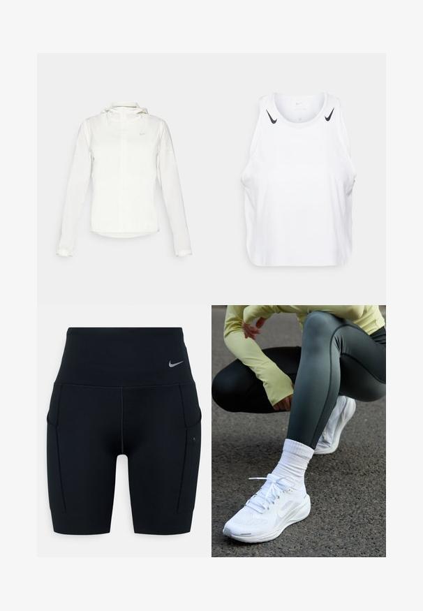 Hvid Nike-jakke med hætte, fuld lynlås, elastiske manchetter og et diskret logo på brystet. Glat tekstur og let design.; Hvid ærmeløs tanktop lavet af letvægtsmateriale, med sorte Nike-logo detaljer på skuldrene, rund halsudskæring og afslappet pasform.; Sorte højtaljede atletiske shorts lavet af strækbart materiale; har sidelommer og et lille Nike-logo på taljen.; Hvide sportssko med mesh-overdel, flade snørebånd og polstret sål, parret med mørkegrønne leggings og en lysegul langærmet top.