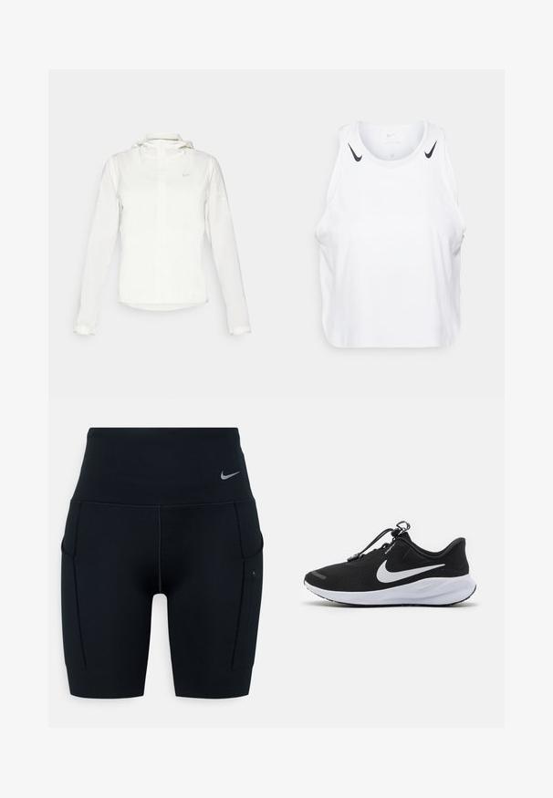 Bílá bunda Nike s kapucí, plným zipem, elastickými manžetami a decentním logem na hrudi. Hladká textura a lehký design.; Bílý bezrukávový top vyrobený z lehkého materiálu, s černými akcenty loga Nike na ramenech, kulatým výstřihem a uvolněným střihem.; Černé sportovní šortky s vysokým pasem vyrobené z pružného materiálu; mají boční kapsy a malou Nike logo na pásku.; Nike Performance REVOLUTION 7 EASYON - Silniční běžecké boty - black/white