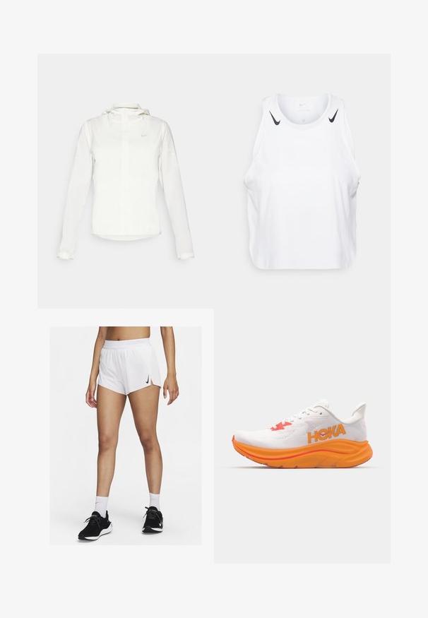 Casaco branco da Nike com capuz, fecho completo, punhos elásticos e um logótipo subtil no peito. Textura suave e design leve.; T-shirt branca sem mangas feita de um tecido leve, com detalhes do logotipo preto da Nike nos ombros, decote redondo e um corte relaxado.; Calções atléticos brancos com cós canelado, fendas laterais e um logótipo preto da Nike. Usados com ténis pretos e meias brancas até ao meio da canela.; Sapatilha de corrida branca com almofadas laranja e detalhes vermelhos. Possui um cabedal em malha, um logótipo na lateral e uma sola espessa e texturizada.