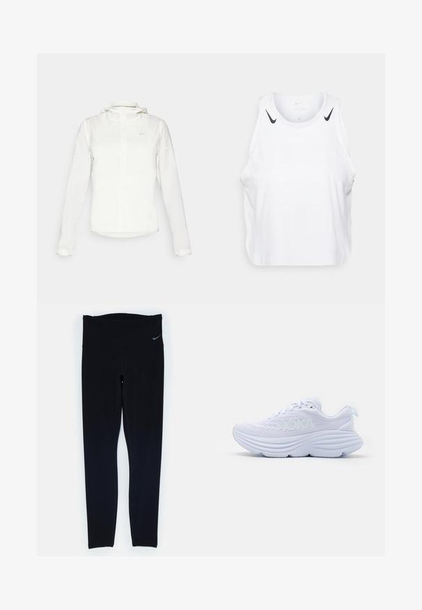 Jachetă albă Nike cu glugă, fermoar pe toată lungimea, manșete elastice și un logo subtil pe piept. Textură netedă și design ușor.; Top fără mâneci alb, realizat dintr-un material ușor, cu accente ale logo-ului Nike de culoare neagră pe umeri, gât rotund și croială lejeră.; Leggings negri de sport din material elastic, cu talie largă și cusături. Prezintă un mic logo la talie.; Adidași albi de alergare cu un upper texturat, logo HOKA proeminent, talpă groasă, bine gâtuită, cu linii ondulate și o buclă de prindere la călcâi.