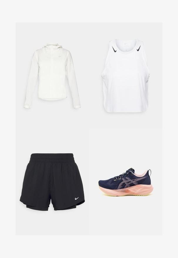 Fehér Nike dzseki kapucnival, teljes cipzárral, rugalmas mandzsettákkal és egy diszkrét logóval a mellkason. Sima textúrájú és könnyű kialakítású.; Fehér ujjatlan trikó, könnyű anyagból készült, fekete Nike logóval a vállaknál, kerek nyakkivágással és laza fazonnal.; Fekete sportnadrág, gumírozott derékpánttal, belső béléssel és fehér Nike logóval az alsó bal oldalon. Similaire, könnyű anyag.; Sötétkék futócipő hálós felsőrésszel, rózsaszín kiegészítőkkel és zöld talppal. Különleges formájú talp és fűzős kialakítás jellemzi.