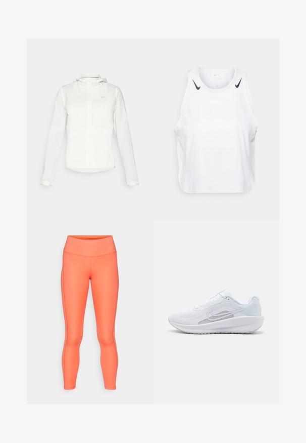 Biela Nike bunda s kapucňou, plným zipsom, elastickými manžetami a jemným logom na hrudi. Hladká textúra a ľahký dizajn.; Biely bezrukávový top vyrobený z ľahkej tkaniny, s čiernymi akcentmi loga Nike na ramenách, okrúhlym výstrihom a voľným strihom.; Elastické, priliehavé legíny v žiarivej koralovej farbe s vysokým pásom, hladkým povrchom a jemnými bočnými švami. Odolný, športový dizajn.; Biele atletické topánky s priedušným zvrškom, okrúhlym prstom a štruktúrovanou podrážkou. Obsahuje strieborný Nike swoosh a minimalistický dizajn.