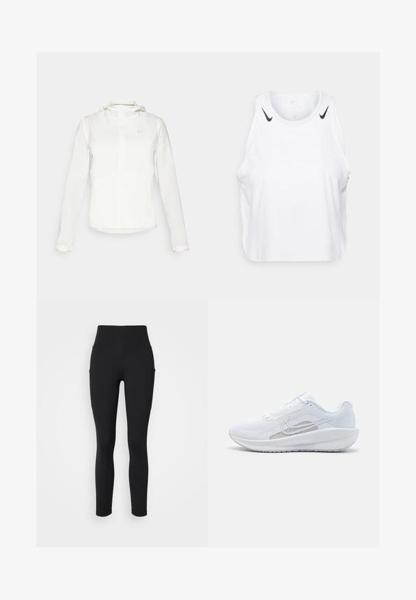 Giacca Nike bianca con cappuccio, zip completa, polsini elasticizzati e un logo discreto sul petto. Texture liscia e design leggero.; Top senza maniche bianco realizzato in tessuto leggero, con accenti del logo Nike nero sulle spalle, scollatura rotonda e vestibilità morbida.; Leggings neri con vita alta, realizzati in tessuto elasticizzato, dotati di tasche laterali e una finitura liscia al tatto.; Scarpa sportiva bianca con tomaia in rete, punta arrotondata e suola testurizzata. Presenta il logo Nike in argento e un design minimalista.