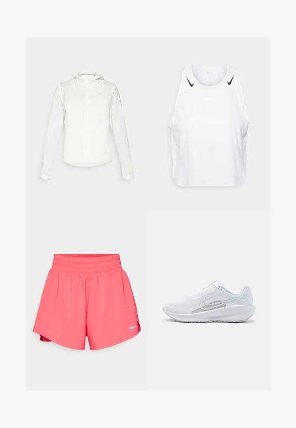 Valkoinen Nike-takki hupulla, täyspitkällä vetoketjulla, joustavilla hihansuilla ja hillityllä logolla rinnassa. Sujuva pinta ja kevyt muotoilu.; Valkoinen hihaton t-paita kevyestä kankaasta, jossa on mustat Nike-logo-yksityiskohdat olkapäillä, pyöreä pääntie ja rento istuvuus.; Nike Performance ONE - 2-in-1-shortsit - aster pink/silver; Valkoinen urheilujalkine, jossa on verkkomateriaali ylhäällä, pyöreä varvas ja teksturoitu pohja. Varustettu hopeisella Nike-ikkunalla ja minimalistisella muotoilulla.