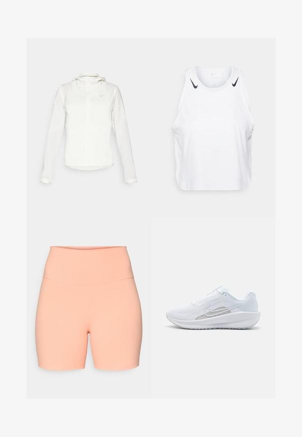 Veste blanche Nike avec capuche, fermeture éclair intégrale, poignets élastiques et un logo discret sur la poitrine. Texture lisse et design léger.; Débardeur blanc sans manches en tissu léger, avec des accents du logo Nike noir sur les épaules, un col rond et une coupe décontractée.; Shorts en couleur pêche, extensibles et taille haute. Texture lisse, longueur genoux, sans motifs ni éléments métalliques visibles.; Baskets blanches avec une tige en mesh, bout rond et semelle texturée. Présentent un swoosh Nike argenté et un design minimaliste.