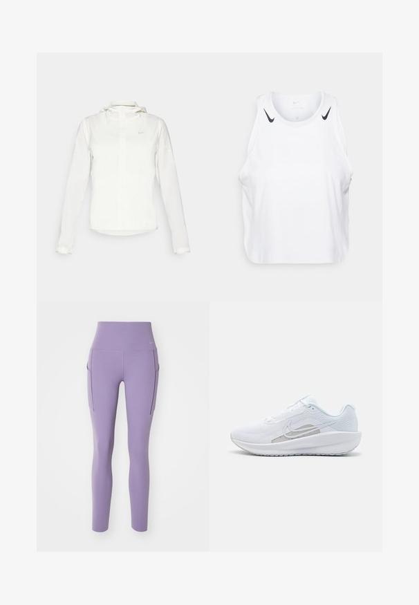 Witte Nike-jack met een capuchon, volledige rits, elastische manchetten en een subtiele logo op de borst. Gladde textuur en lichtgewicht ontwerp.; Witte mouwloze tanktop van lichtgewicht stof, met zwarte Nike-logo accenten op de schouders, een ronde halslijn en een relaxte pasvorm.; Paarse legging met een hoge tailleband, gemaakt van rekbaar materiaal, met zijzakken en een gladde textuur. Nike-logo op de tailleband.; Witte sportieve schoen met een bovenwerk van mesh, ronde neus en een textuurzool. Beschikt over een zilveren Nike swoosh en een minimalistisch ontwerp.