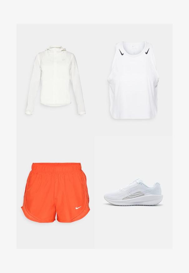 Witte Nike-jack met een capuchon, volledige rits, elastische manchetten en een subtiele logo op de borst. Gladde textuur en lichtgewicht ontwerp.; Witte mouwloze tanktop van lichtgewicht stof, met zwarte Nike-logo accenten op de schouders, een ronde halslijn en een relaxte pasvorm.; Oranje sportshorts met een elastische tailleband, zijslitsen en een wit Nike-logo aan de voorkant. Gemaakt van een gladde, lichte stof.; Witte sportieve schoen met een bovenwerk van mesh, ronde neus en een textuurzool. Beschikt over een zilveren Nike swoosh en een minimalistisch ontwerp.