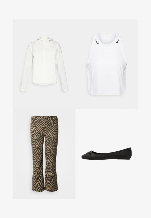 White Nike jacket with a hood, full zip, elastic cuffs, and a subtle logo on the chest. Smooth texture and lightweight design.; White sleeveless tank top made of lightweight fabric, featuring black Nike logo accents on shoulders, round neckline, and relaxed fit.; Brown and black zebra-striped flared pants with a smooth texture and standard waistband featuring two front pockets and belt loops.; Black suede ballet flats with a rounded toe, featuring a decorative bow on the front and a flat sole design. Smooth texture and classic shape.
