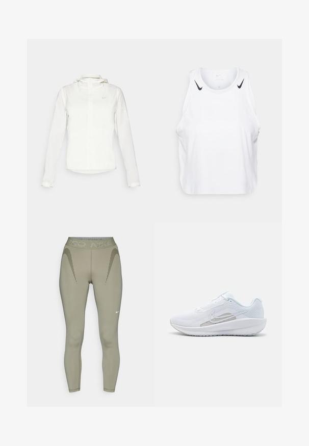 Giacca Nike bianca con cappuccio, zip completa, polsini elasticizzati e un logo discreto sul petto. Texture liscia e design leggero.; Top senza maniche bianco realizzato in tessuto leggero, con accenti del logo Nike nero sulle spalle, scollatura rotonda e vestibilità morbida.; Leggings realizzati in tessuto elastico e leggero di colore verde oliva, con vita alta, caratterizzati da sottili righe verticali e un piccolo logo.; Scarpa sportiva bianca con tomaia in rete, punta arrotondata e suola testurizzata. Presenta il logo Nike in argento e un design minimalista.