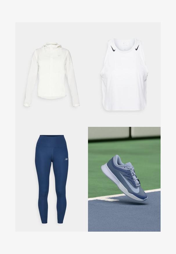 Bela Nike jakna s kapuco, polno zadrgo, elastičnimi manšetami in diskretnim logotipom na prsih. Gladka tekstura in lahko oblikovanje.; Bela brezrokavnik iz lahkega materiala, s črnimi Nike logotipnimi poudarki na ramenih, okroglo ovratnico in sproščenim krojem.; Temno modri športni leggingi iz raztegljive tkanine, ki imajo visok pas, gladko teksturo in majhen odsevni logo na strani.; Športni copat v svetlo modri in mornarski barvi, z teksturirano zgornjim delom, ravnimi vezalkami in lahko belo podplatom. Dvigovan nad igrališčem.