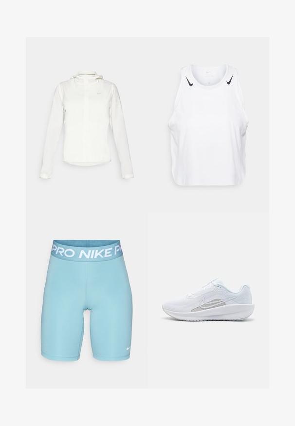 Bela Nike jakna s kapuco, polno zadrgo, elastičnimi manšetami in diskretnim logotipom na prsih. Gladka tekstura in lahko oblikovanje.; Bela brezrokavnik iz lahkega materiala, s črnimi Nike logotipnimi poudarki na ramenih, okroglo ovratnico in sproščenim krojem.; Nike Performance SHORT - Pajkice - denim turquoise/white; Bela športna čevlja z mrežastim zgornjim delom, zaobljenim nosom in teksturiranim podplatom. Ima srebrni Nike znak in minimalističen dizajn.
