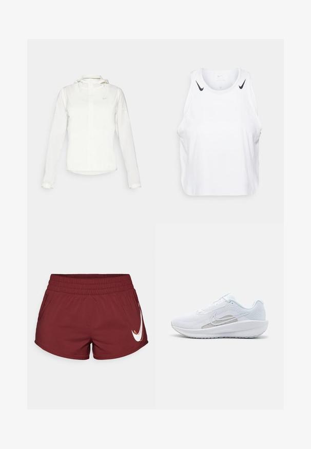 Balta Nike striukė su gobtuvu, pilnu užtrauktuku, elastingomis rankovėmis ir subtiliu logotipu ant krūtinės. Sklandi tekstūra ir lengvas dizainas.; Baltas be rankovių marškinėliai, pagaminti iš lengvos medžiagos, su juodais Nike logotipo akcentais ant pečių, apvaliu iškirpimu ir laisvu siluetu.; Tamsiai raudoni sportiniai šortai su elastinga juostos dalimi, šoninėmis kišenėmis ir balta Nike swoosh logotipo dizainu apatiniame dešiniajame kampe. Lygus audinio paviršius.; Baldas sportinis batelis su tinkleliu viršuje, apvaliu toe ir tekstūruota padais. Pabrėžia sidabrinį Nike swoosh ir minimalistinį dizainą.