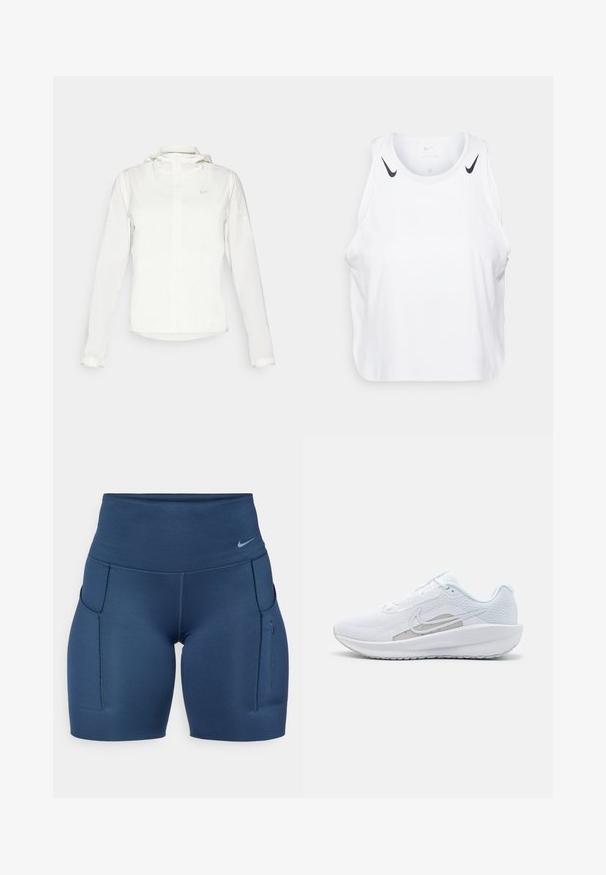 Bílá bunda Nike s kapucí, plným zipem, elastickými manžetami a decentním logem na hrudi. Hladká textura a lehký design.; Bílý bezrukávový top vyrobený z lehkého materiálu, s černými akcenty loga Nike na ramenech, kulatým výstřihem a uvolněným střihem.; Nike Performance GO - Punčochy - armory navy/black; Bílé sportovní boty s síťovaným vrškem, zaoblenou špičkou a texturovanou podrážkou. Mají stříbrný logo Nike a minimalistický design.