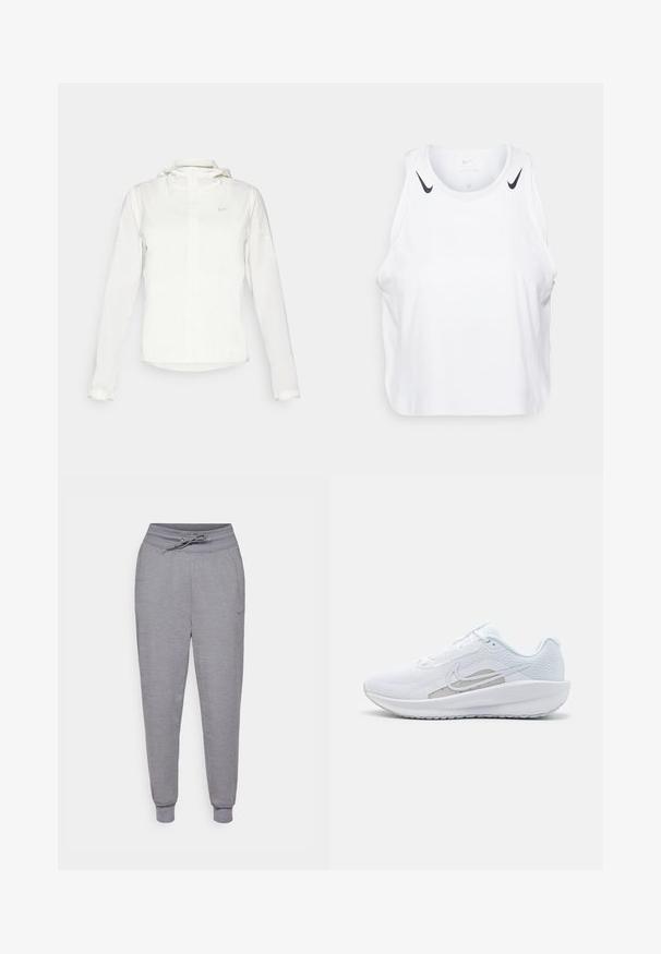 Hvid Nike-jakke med hætte, fuld lynlås, elastiske manchetter og et diskret logo på brystet. Glat tekstur og let design.; Hvid ærmeløs tanktop lavet af letvægtsmateriale, med sorte Nike-logo detaljer på skuldrene, rund halsudskæring og afslappet pasform.; Grå taperede sweatpants med snor-i-livet, elastiske manchetter og et diskret Nike-logo på venstre lår. Blødt, struktureret stof.; Hvid træningssko med mesh-overdel, rund tå og tekstureret sål. Har et sølvfarvet Nike-swoosh og et minimalistisk design.