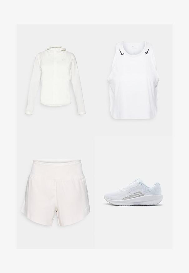 Valkoinen Nike-takki hupulla, täyspitkällä vetoketjulla, joustavilla hihansuilla ja hillityllä logolla rinnassa. Sujuva pinta ja kevyt muotoilu.; Valkoinen hihaton t-paita kevyestä kankaasta, jossa on mustat Nike-logo-yksityiskohdat olkapäillä, pyöreä pääntie ja rento istuvuus.; Vaaleanbeige urheilushortsit, joissa on joustava vyötärö, kaareva helma ja pieni valkoinen logo oikealla sivulla. Sileä kangastuntuma.; Valkoinen urheilujalkine, jossa on verkkomateriaali ylhäällä, pyöreä varvas ja teksturoitu pohja. Varustettu hopeisella Nike-ikkunalla ja minimalistisella muotoilulla.