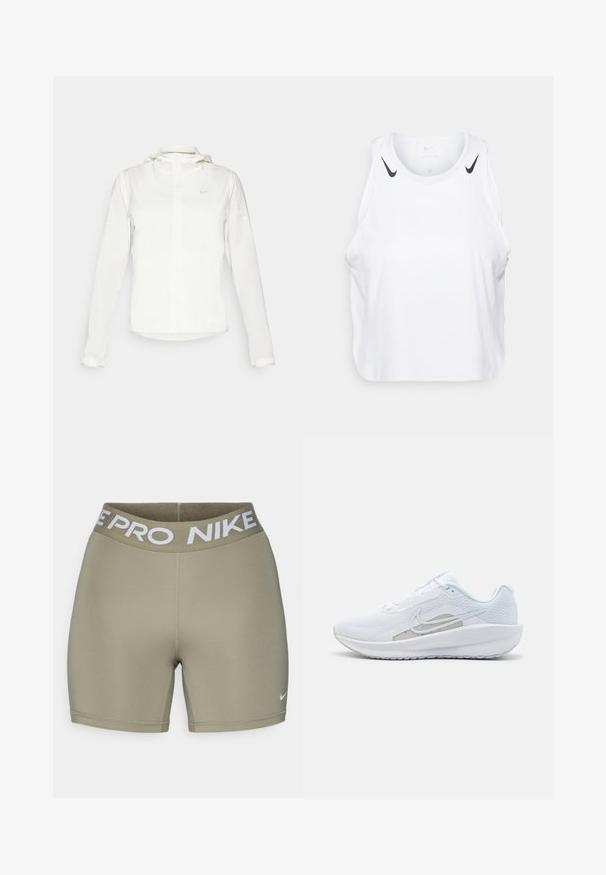 Giacca Nike bianca con cappuccio, zip completa, polsini elasticizzati e un logo discreto sul petto. Texture liscia e design leggero.; Top senza maniche bianco realizzato in tessuto leggero, con accenti del logo Nike nero sulle spalle, scollatura rotonda e vestibilità morbida.; Pantaloni sportivi color verde oliva con una soddisfacente fascia elastica bianca che presenta la scritta "NIKE PRO". Tessuto liscio e elastico con dettagli di cucitura.; Scarpa sportiva bianca con tomaia in rete, punta arrotondata e suola testurizzata. Presenta il logo Nike in argento e un design minimalista.