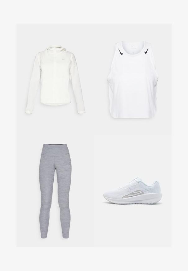 Casaco branco da Nike com capuz, fecho completo, punhos elásticos e um logótipo subtil no peito. Textura suave e design leve.; T-shirt branca sem mangas feita de um tecido leve, com detalhes do logotipo preto da Nike nos ombros, decote redondo e um corte relaxado.; Leggings atléticos cinzentos com uma cintura alta, feitos de um tecido texturizado com um padrão heathered subtil. Silhueta justa.; Sapatilha atlética branca com parte superior em rede, bico arredondado e sola texturizada. Apresenta o símbolo Nike em prata e um design minimalista.
