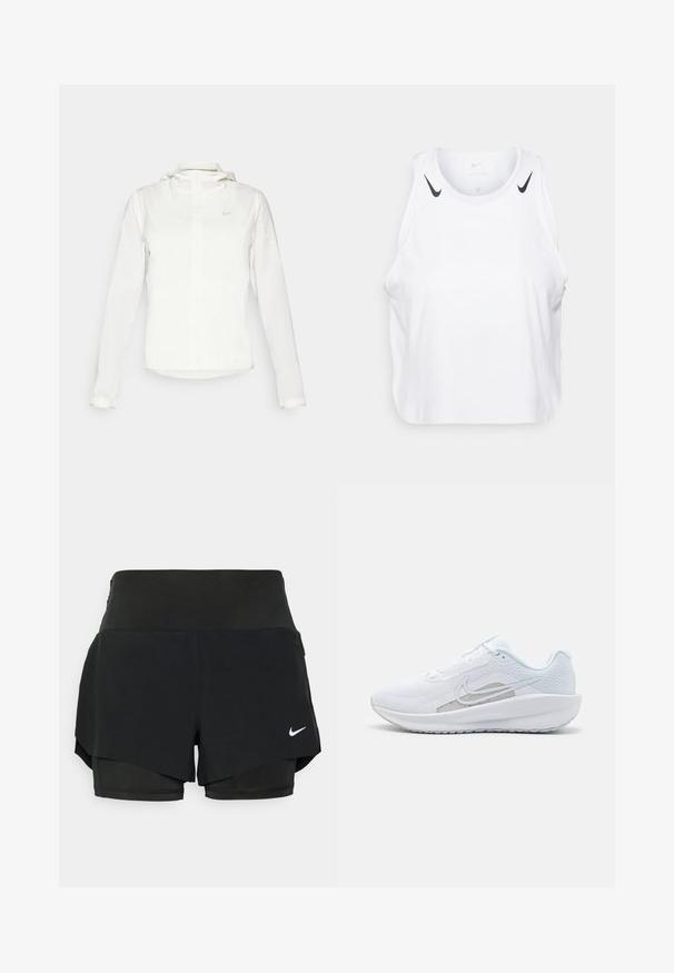 Veste blanche Nike avec capuche, fermeture éclair intégrale, poignets élastiques et un logo discret sur la poitrine. Texture lisse et design léger.; Débardeur blanc sans manches en tissu léger, avec des accents du logo Nike noir sur les épaules, un col rond et une coupe décontractée.; Shorts de sport noirs avec un design en couches, comprenant un short intérieur et un revêtement extérieur, fabriqués dans un tissu léger et extensible.; Baskets blanches avec une tige en mesh, bout rond et semelle texturée. Présentent un swoosh Nike argenté et un design minimaliste.